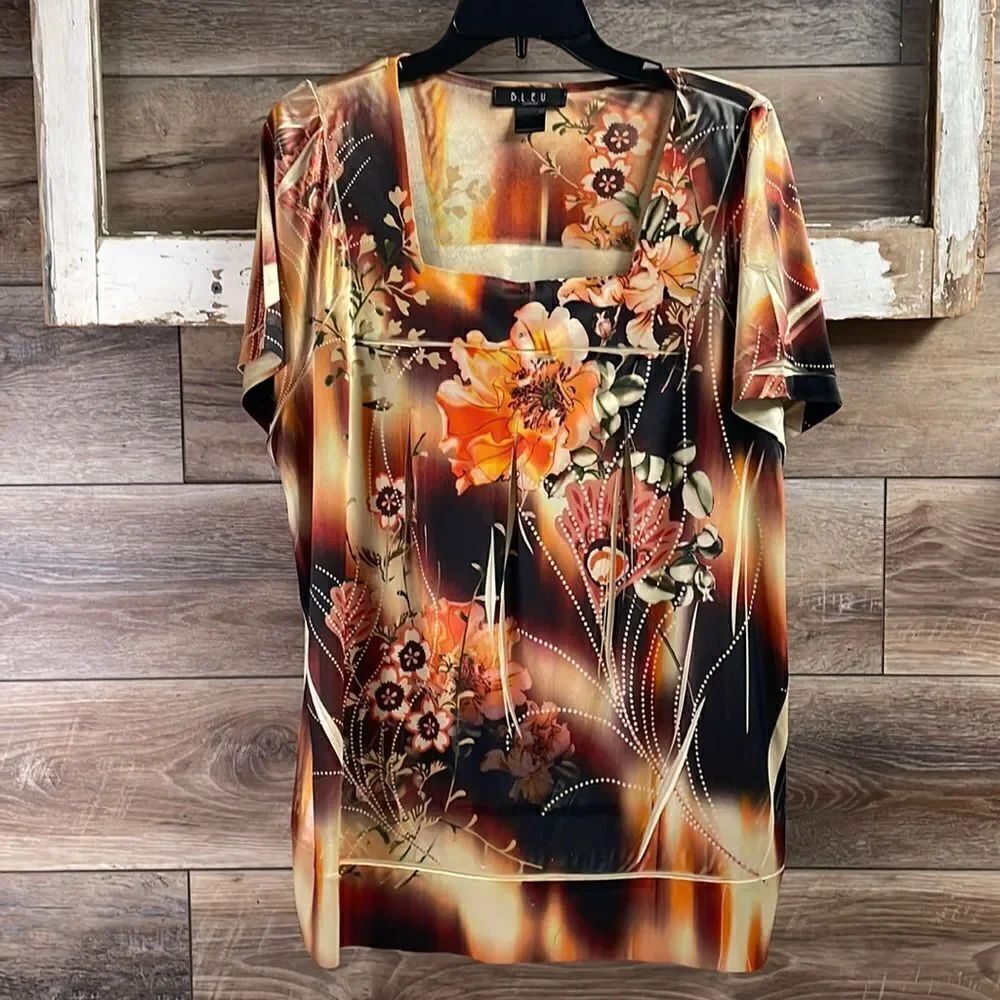 B.L.E.U Ladies Fall Floral Boho Squared Neck Blouse Sz 18/20 Brown Multicolor